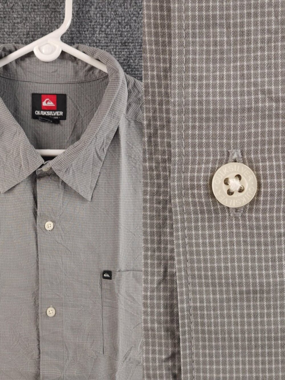 Quiksilver Point Check 2XL Short Sleeve Gray Men Shirt Button Up Pocket Skate